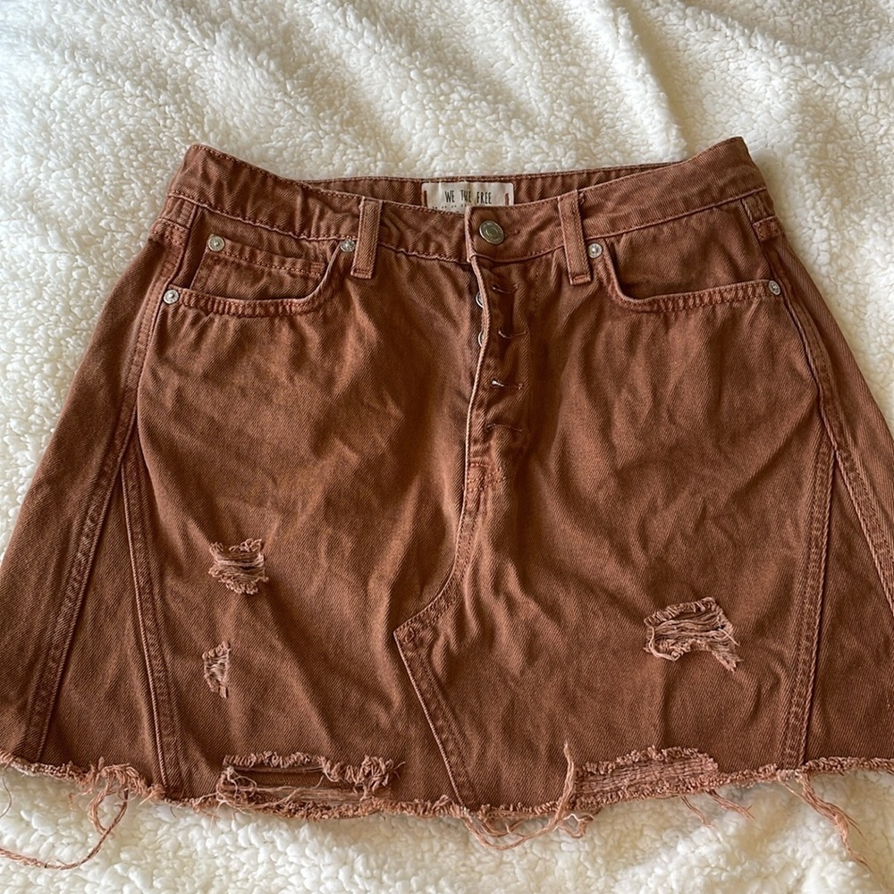 Free People We The Free Tan Denim Jean Skirt Distressed Button Up Size 29